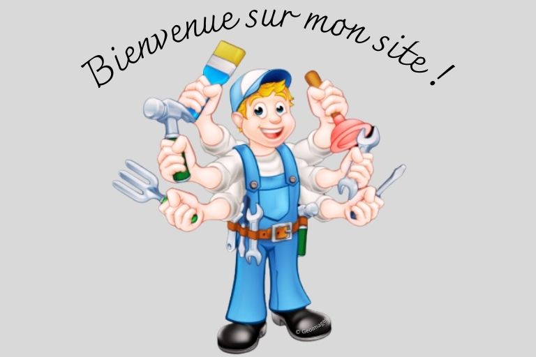 Petit bonhomme en bleu de travail avec plusieurs bras. Dans chaque main il tient un outil différent représentant le bricolage multiservices.